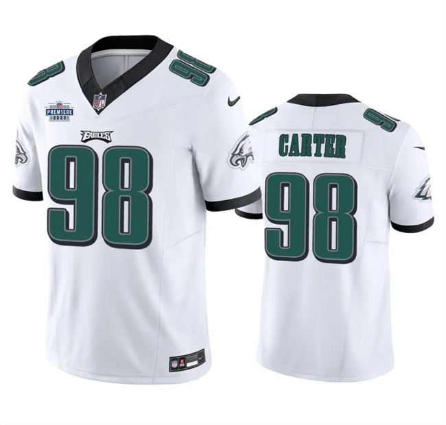 Men's Philadelphia Eagles #98 Jalen Carter White 2023 F.U.S.E. Prem1ere Patch Vapor Untouchable Football Stitched Jersey